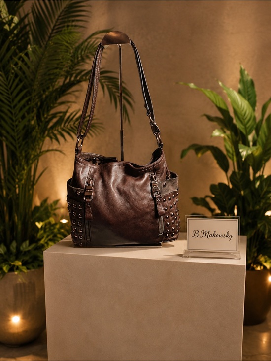 b. makowsky Handbags - B Makowsky burgundy Studded Leather Shoulder Hobo